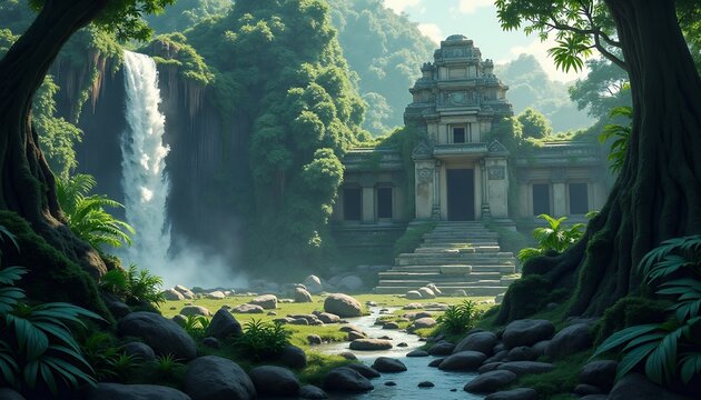 Ancient Temple in Lush Jungle with Waterfall and River Scene