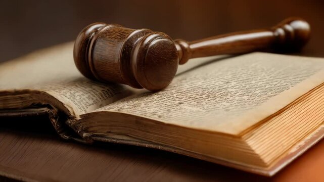 Dark wood gavel resting on open book with printed text, law and legal concept, justice symbol, court decision and judgment