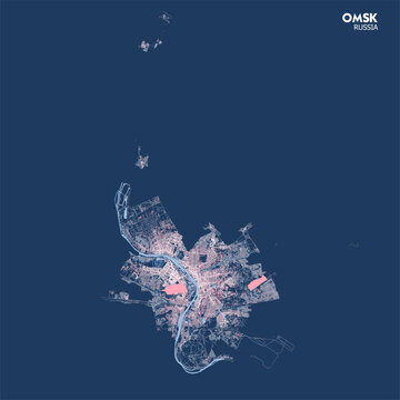 vector map of blueprint highway building and waterway in omsk city, russia