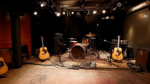 Empty music stage setup with guitars, drums, amplifier and lighting, band equipment ready for performance, rehearsal space with instruments on carpet floor