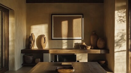 Warm, neutral tones fill a sun-drenched interior space.
