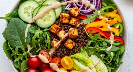 Delicious and Nutritious Vegan Power Bowl A Vibrant Medley of Fresh Vegetables Lentils and Crispy Tofu Perfect for a Healthy and Satisfying Plant Based Meal