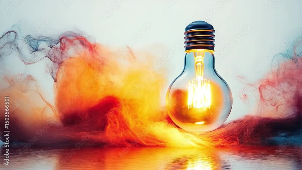 Poster illuminated innovation: a light bulb glows brightly amidst a swirling cloud of vibrant, energetic co