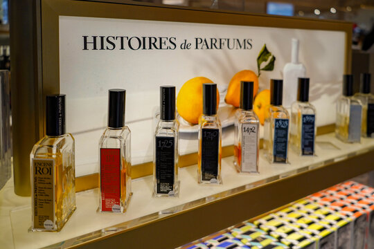 Paris , France , 05 05 2025 : cosmetics products brand on display at La Samaritaine departement store,  Histoire de Parfums
