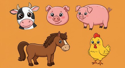 Obraz premium Adorable Farm Animals Cartoon Illustrations