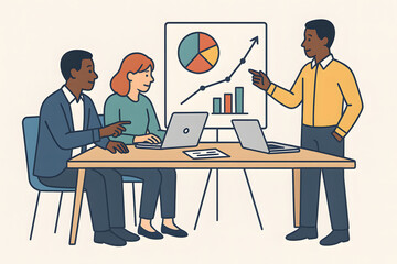 Fototapeta premium Financial Strategy Presentation – Flat Illustration of Office Team Analyzing Growth Charts