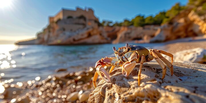 Crab walking on rock at beach with castle in background