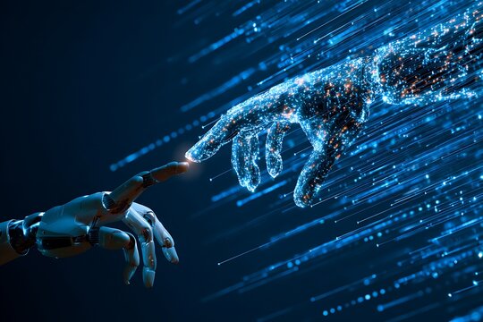 Digital connection emerges as the robotic arm reaches out for illuminated fingers on blue background