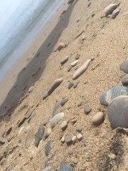 Rocks on a sandy beach on a summer day