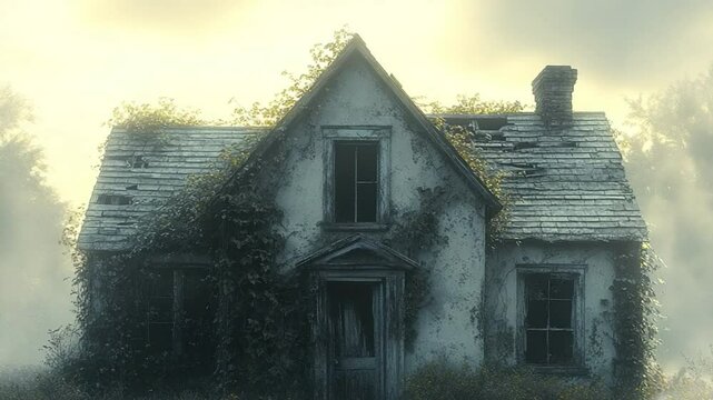 Abandoned House: A haunting image of an old, weathered house overgrown with foliage, enveloped in a misty, ethereal atmosphere. The building whispers tales of the past.