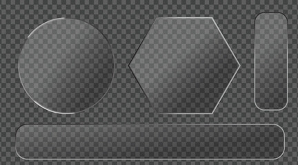 Glossy, polished, realistic round, hexagonal, and rectangular glass panels isolated on a transparent background, suitable for displays, showcases, and signs. Acrylic, plastic texture.