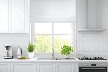 Bright Kitchen Interior: Window View, White Cabinets, Stainless Steel Appliances, Green Plants.