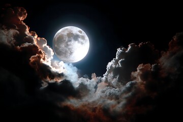 Full glowing moon shines brightly amidst beautiful and dramatic clouds during dark night