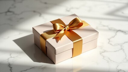 Gift box with gold ribbon, and marble.