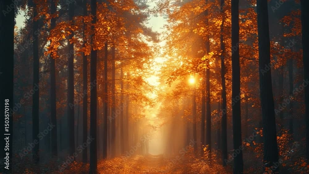 Aufkleber autumnal canopy: a serene pathway through a forest bathed in warm sunlight, the trees displaying vib