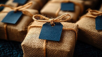 Rustic Burlap Gift Boxes with Tied Tags.