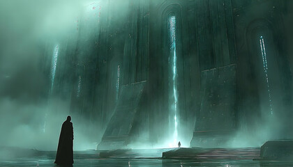 Foggy, imposing structure with figures under streaming light, reflects in water