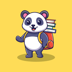 Obraz premium Adorable Panda Student with Backpack and Books Cute Cartoon Illustration
