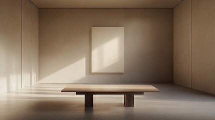 Empty room with a light wooden table and a blank canvas.