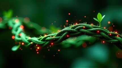 Intricate green vine with sprouting leaves and glowing red particles in lush forest setting.