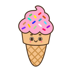 Cute kawaii ice cream cone with pink sprinkles vector Illustration