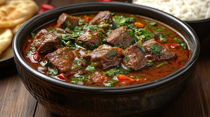 Fototapeta premium Spicy Beef Curry with Rice, and Naan.