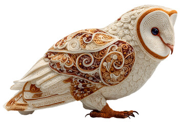 Fototapeta premium Intricate Yarn Owl Figurine Ornate Bird Sculpture Detailed Craftwork Whimsical Animal Art