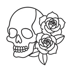 Minimalist Skull and Roses Black Outline Line Art