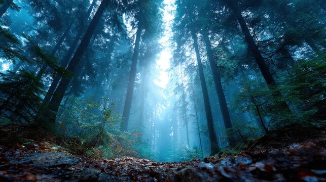 Misty Blue Forest with Tall Trees and Sunlight Rays Penetrating Through Canopy
