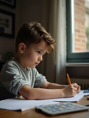 Determined Student Focused on Homework in Quiet Study Space