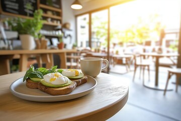 Bright interior of contemporary European cafe with breakfast plate featuring avocado toast and cappuccino