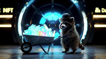 Raccoon's Wheelbarrow of Digital Assets: A Whimsical Dive into Cryptocurrency Art - Powered by Adobe