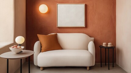 Cream colored couch in a corner room with warm tones.