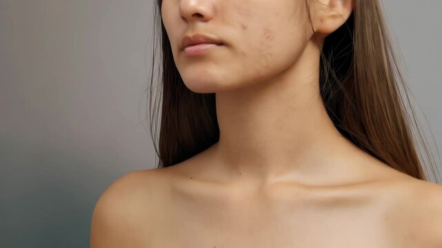 Closeup shot reveals acne scars on the chin and neck of a young woman with straight brown hair and light skin tone in studio setting.