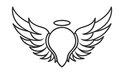 Minimalist Black and White Angel Wings with Halo Line Art