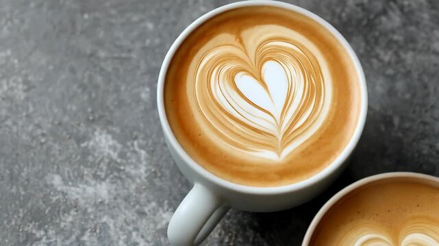 Two coffee cups showcasing latte art hearts on textured gray surface, romantic coffee drinks viewed from above, cappuccino design