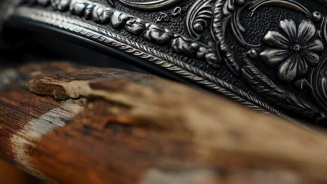 Close-up of an intricately detailed floral silver or pewter object resting on textured wood surface.