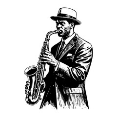 Fototapeta premium African man in suit playing saxophone sketch engraving black and white outline. Scratch board imitation. illustrated in vintage line art style on a white background.