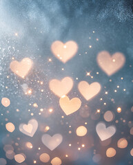 Soft pastel dreamy bokeh heart glowing in silver background abstract romantic light theme for valentine wedding love card or celebration post aesthetic romantic wallpaper background photo