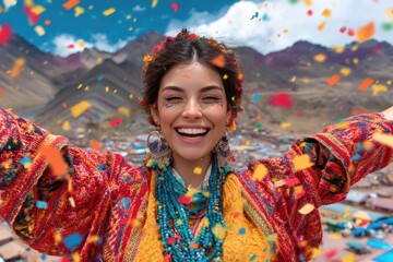 Peruheritage joy - fiestas patrias, national pride, authentic garment, cultural color, festive cheer, public unity, traditional fabric, people smile, ancestral rhythm, celebration life