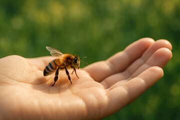 Honeybee resting on open hand in natural outdoor setting  