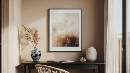 A framed abstract painting in a neutral color scheme, displayed on a dark wooden desk.