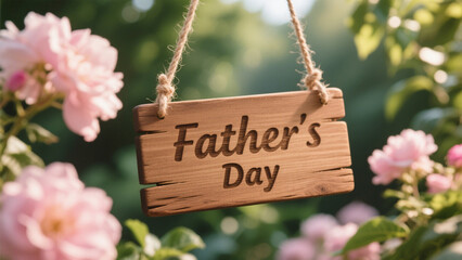 A rustic Father's Day design featuring a wooden sign with the words 'Father's Day' engraved in elegant, warm brown lettering. Father's Day, Father's Day Gifts, Happy Father's Day