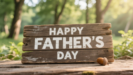A rustic Father's Day scene featuring a weathered wooden sign with the words HAPPY FATHER'S DAY painted in clean, white, uppercase letters. Father's Day, Father's Day Gifts, Happy Father's Day