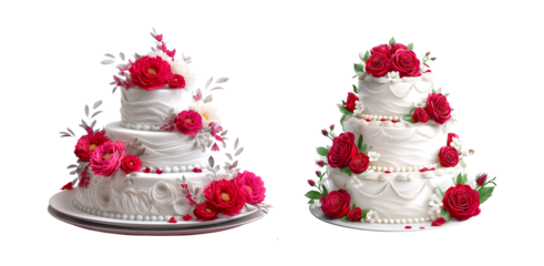 A beautiful white wedding cake with red and pink decorations, A beautiful white wedding cake with red and pink accents on transparent background