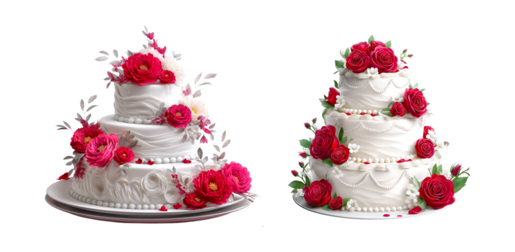 A beautiful white wedding cake with red and pink decorations, A beautiful white wedding cake with red and pink accents on transparent background - Powered by Adobe