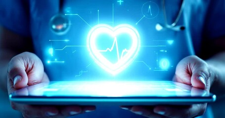 Healthcare professional using a digital tablet, surrounded by dynamic holographic medical icons - Powered by Adobe