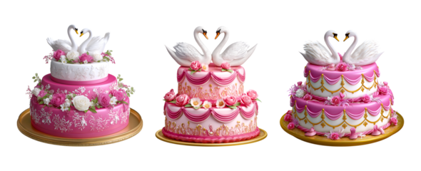 Set of Pink wedding cake with two swans on top,  wedding cake with pink roses, isolated on a transparent background