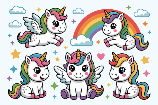 Magical Unicorn Set &ndash; Cute Rainbow Fantasy Illustration