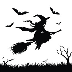 Silhouette of a flying witch on a broomstick with bats at night